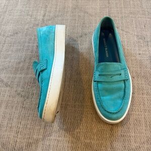 Manolo Blahnik Turquoise Suede Penny Loafers Women’s 39.5 Slip On Italy